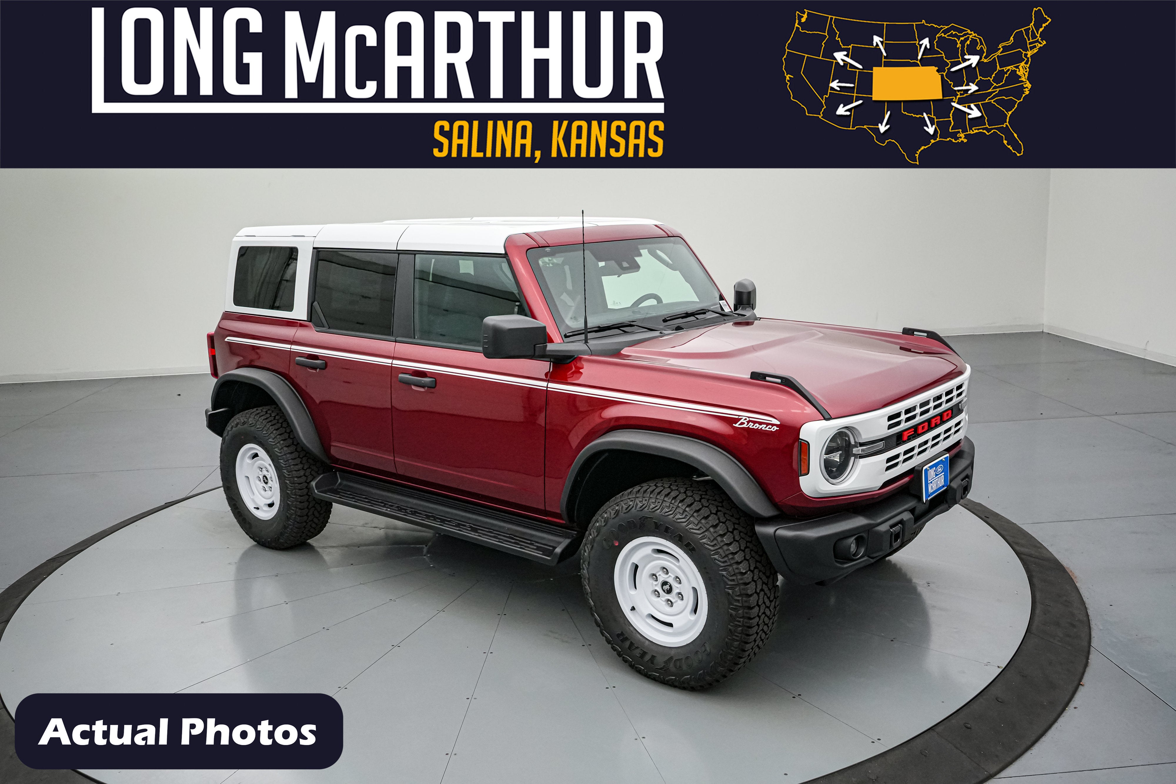 2026 Ford Bronco Heritage Edition in Ruby Red Metallic Tinted Clearcoat — front three-quarter view