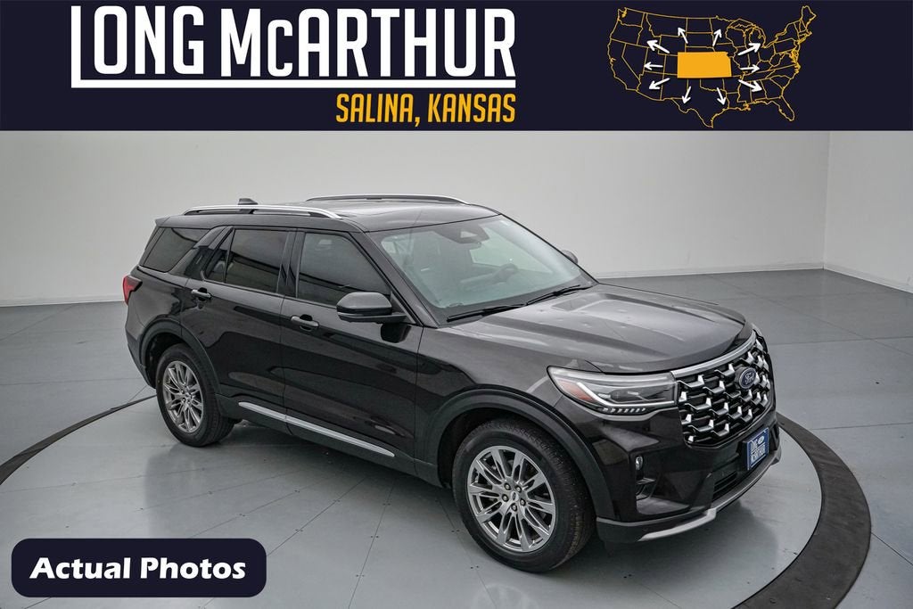 2025 Ford Explorer Platinum in Agate Black Metallic — front three-quarter view