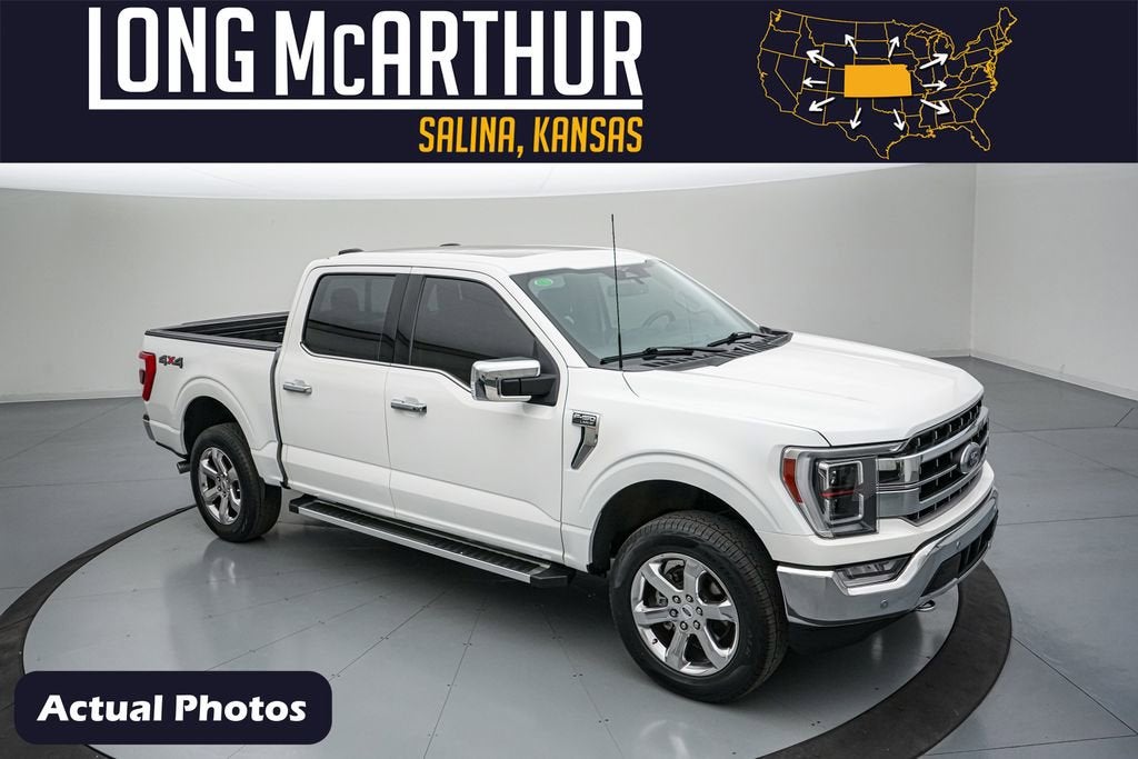 2023 Ford F-150 Lariat in Star White Metallic Tri-Coat — front three-quarter view