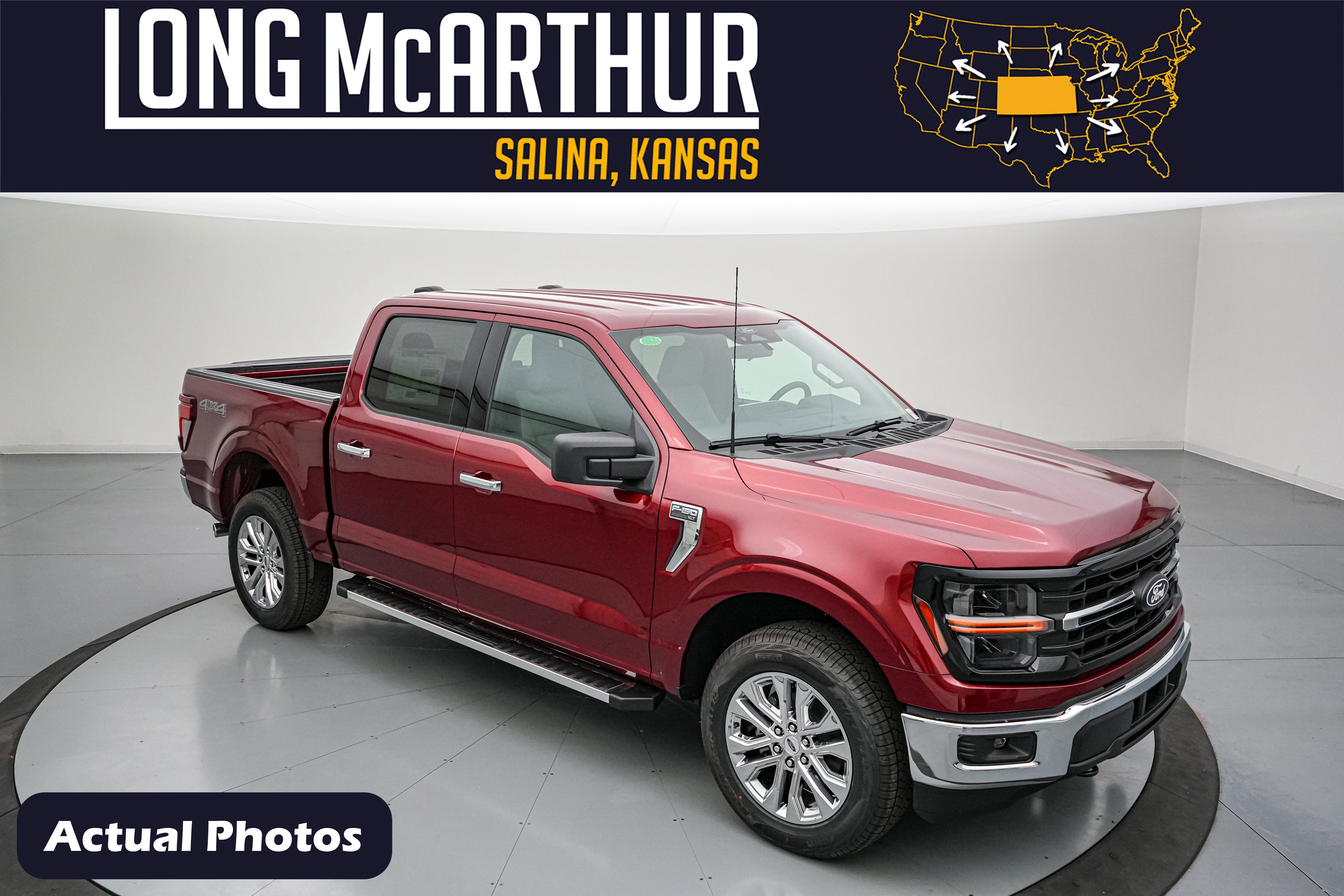 2026 Ford F-150 XLT in Ruby Red Metallic Tinted Clearcoat — front three-quarter view