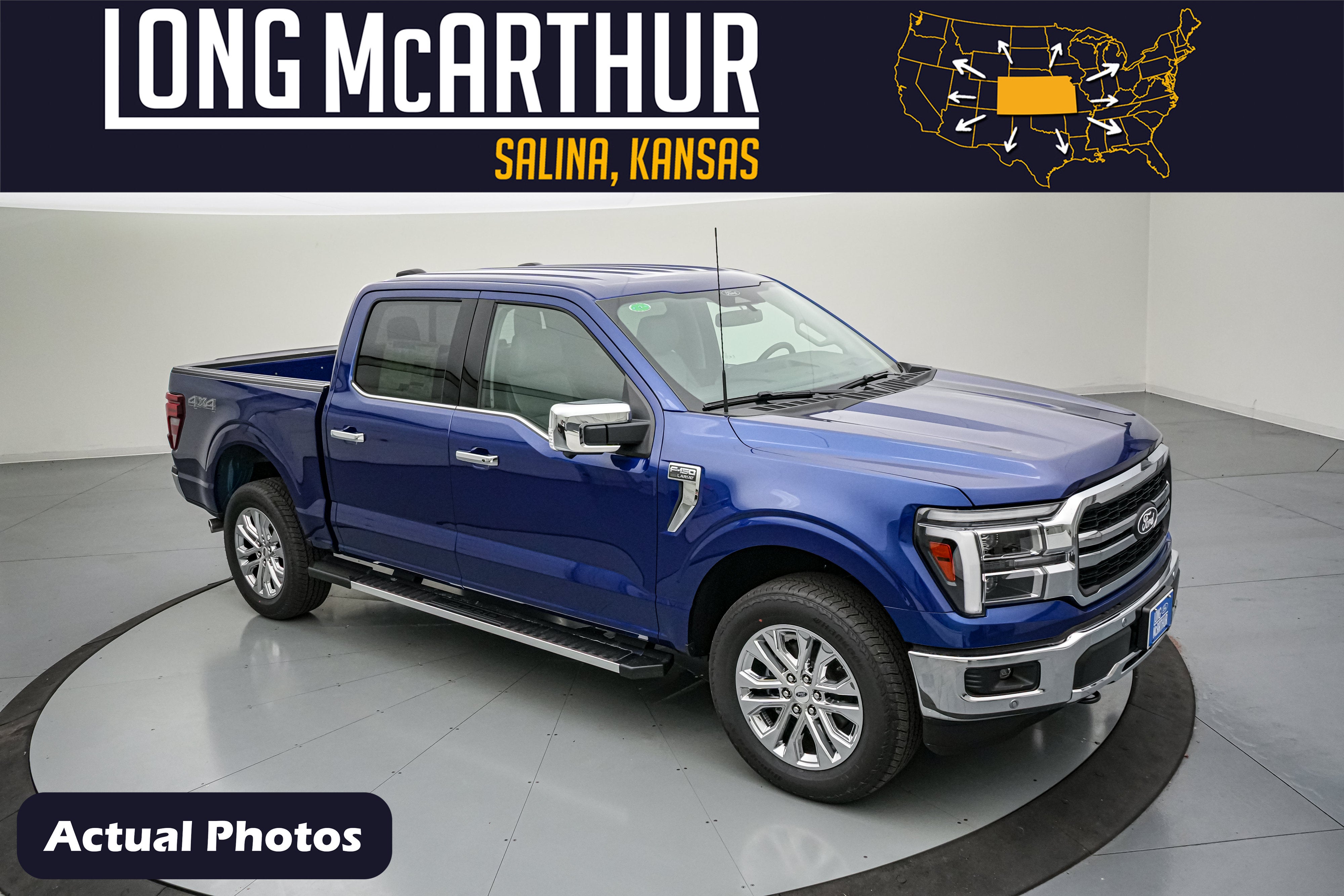 2026 Ford F-150 LARIAT in Argon Blue Metallic — front three-quarter view