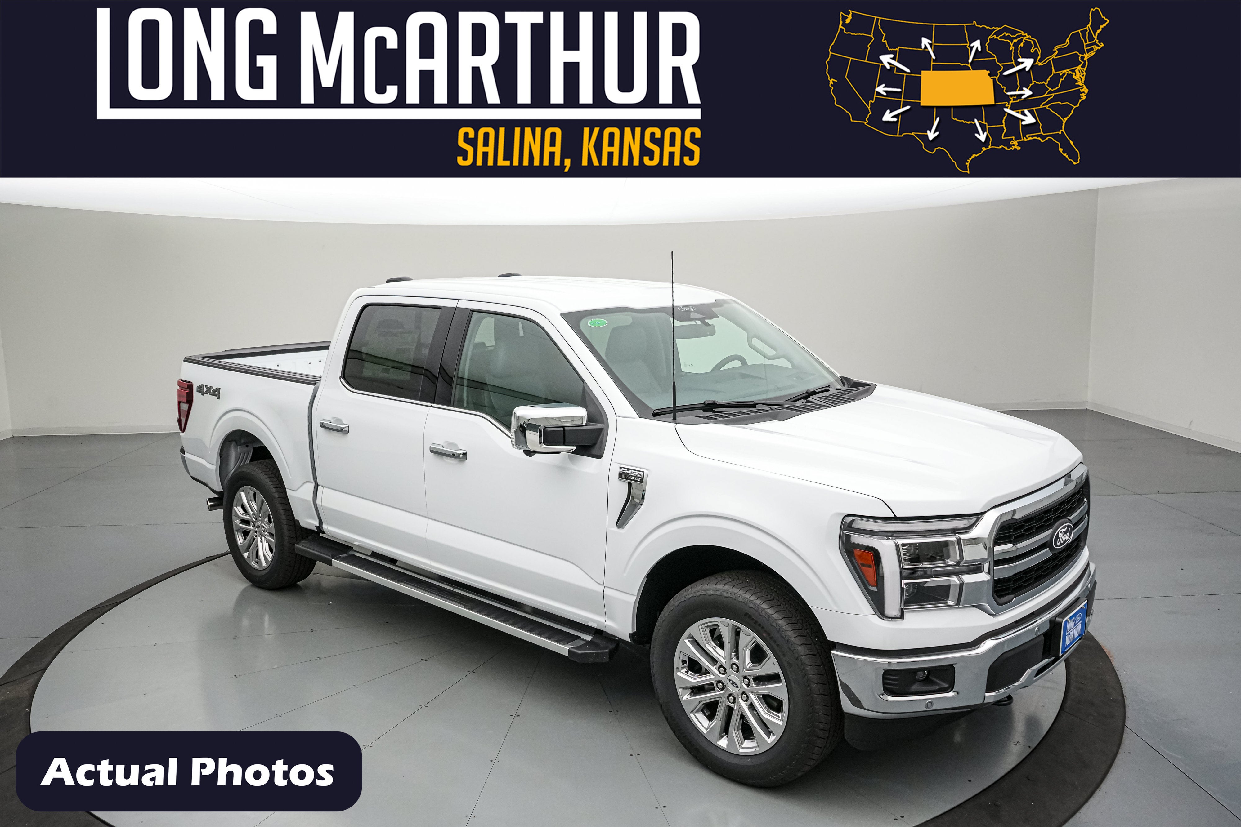 2026 Ford F-150 LARIAT in Oxford White — front three-quarter view