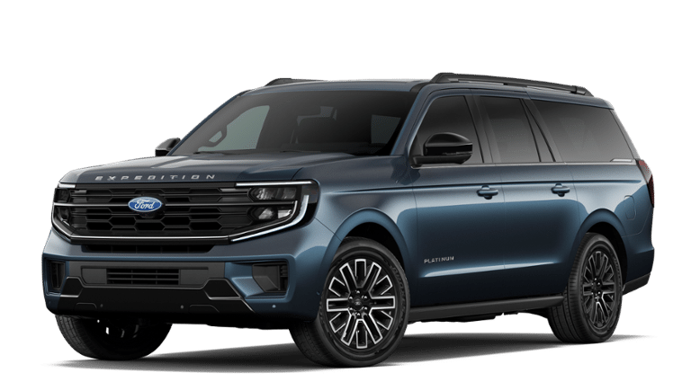 2027 Ford Expedition MAX Platinum in Nocturnal Blue Metallic — front three-quarter view