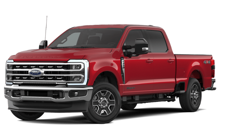 2026 Ford Super Duty F-250 Lariat in Ruby Red Metallic Tinted Clearcoat — front three-quarter view